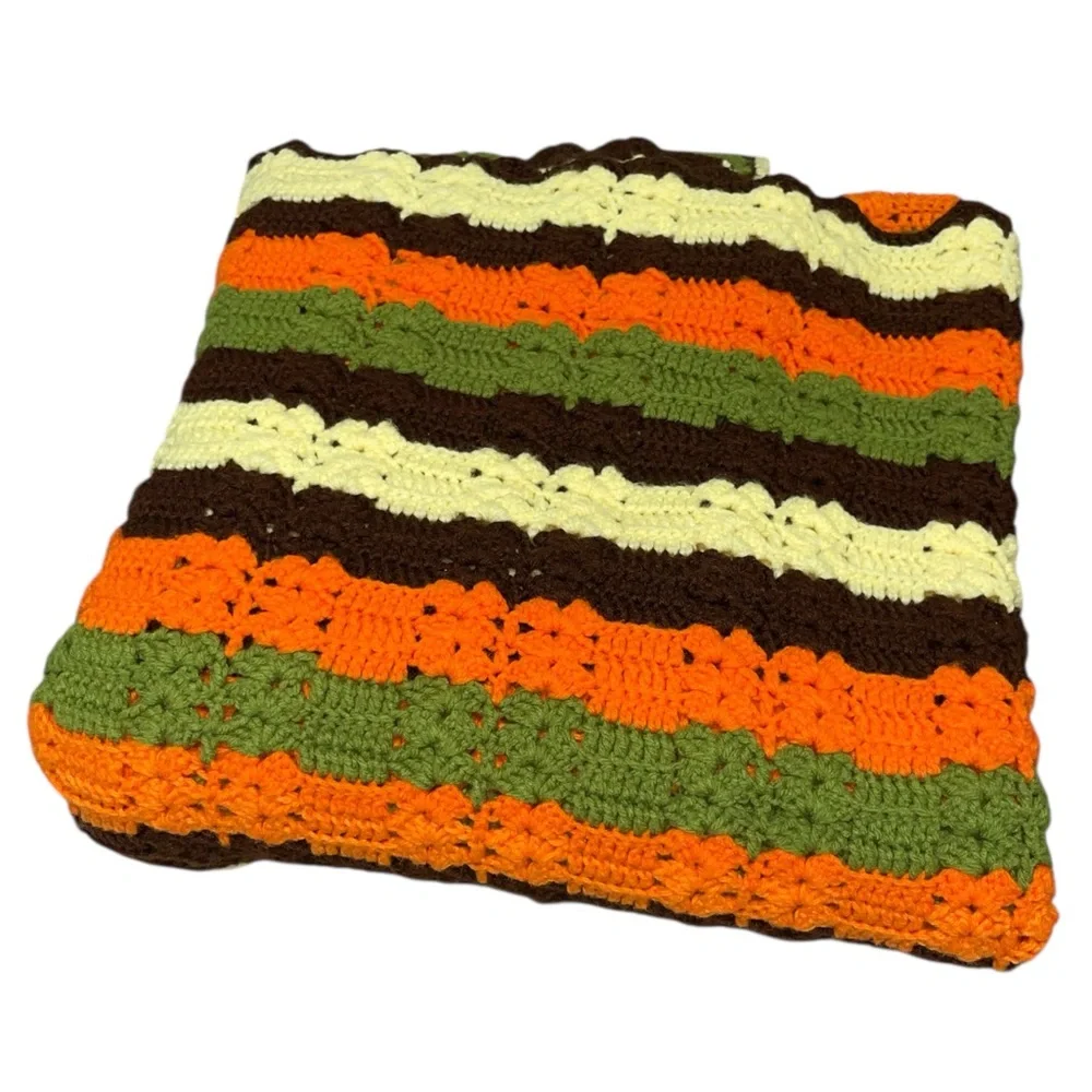 Vintage 70s Striped Granny Afghan Crochet Blanket Bedspread 76” X 61 “Throw
